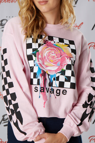 Checkered Rose Sleeve Print Crop Long Sleeve Tee